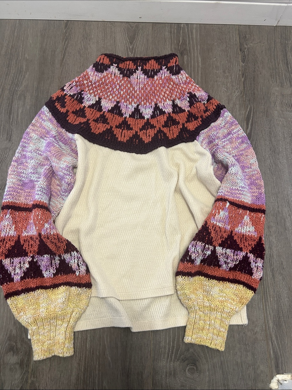 Women's Multicolor Patterned Yoke Sweater - Cream Body, Pink & Rust Accents